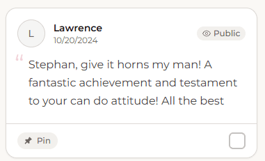A Heyvento guestbook message from Lawrence congratulating Stephan on a fantastic achievement