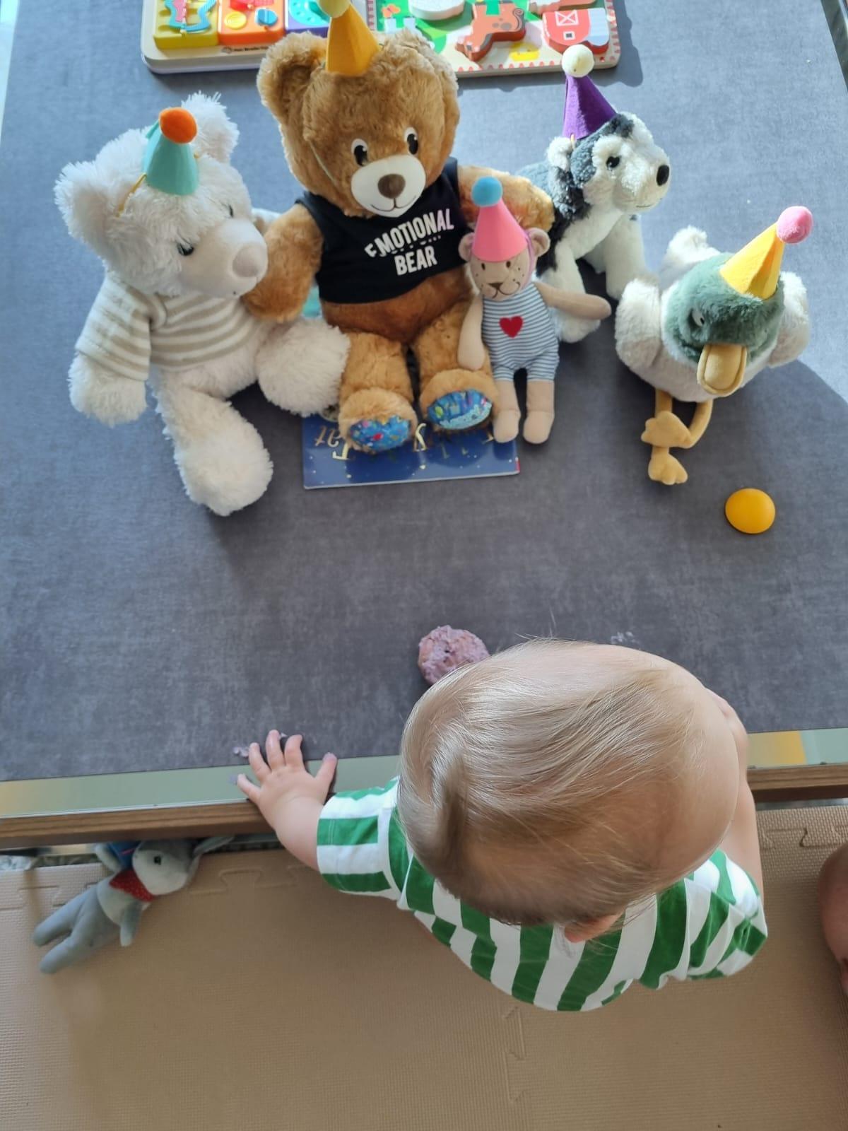 Stuffed animals in party hats gathered for a little one’s birthday