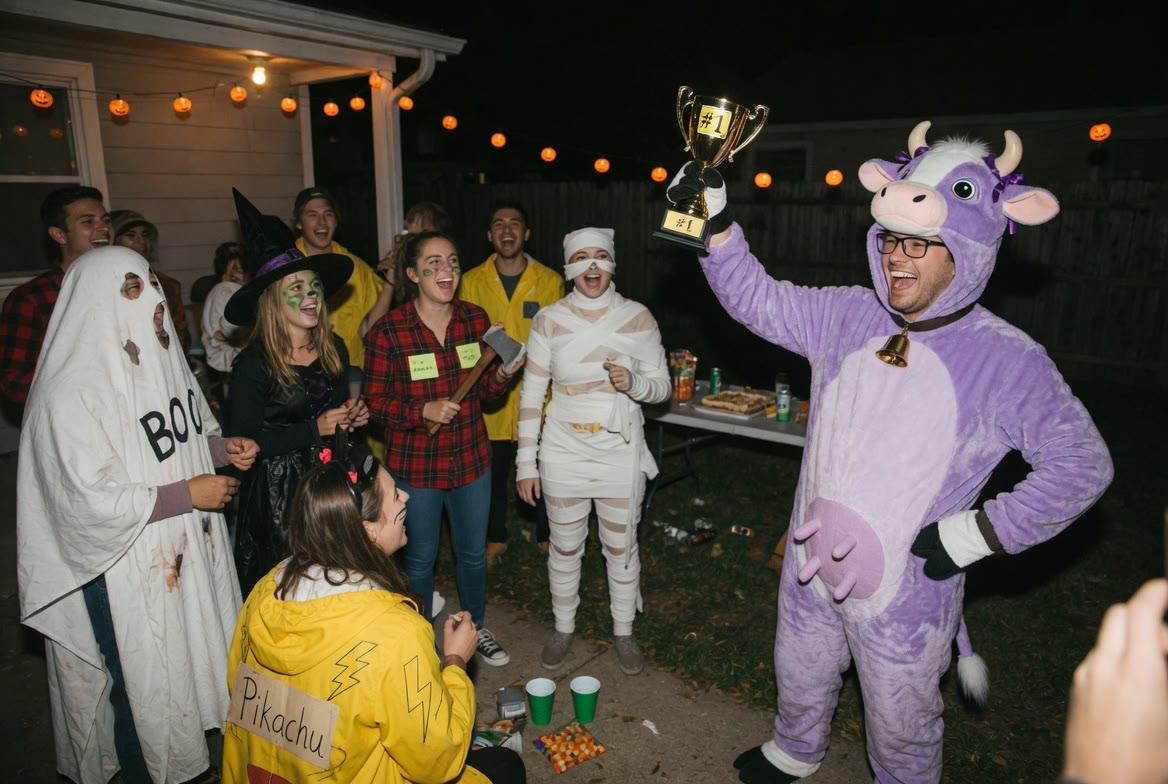 Friends in costume at a party taking photos